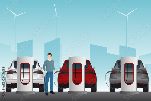 Man charges an electric car at a charging station. Vector illustration EPS 10