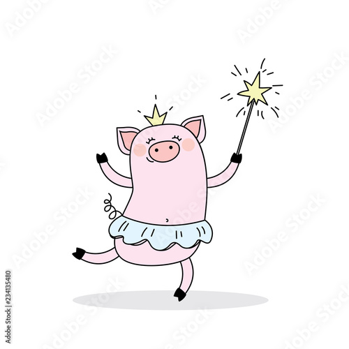 Funny piggy princess,jumping pig ballerina with a crown and a magic wand