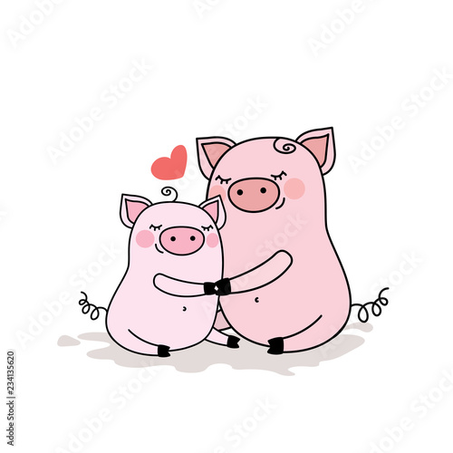 Funny pig with baby piggy,adorable animal family