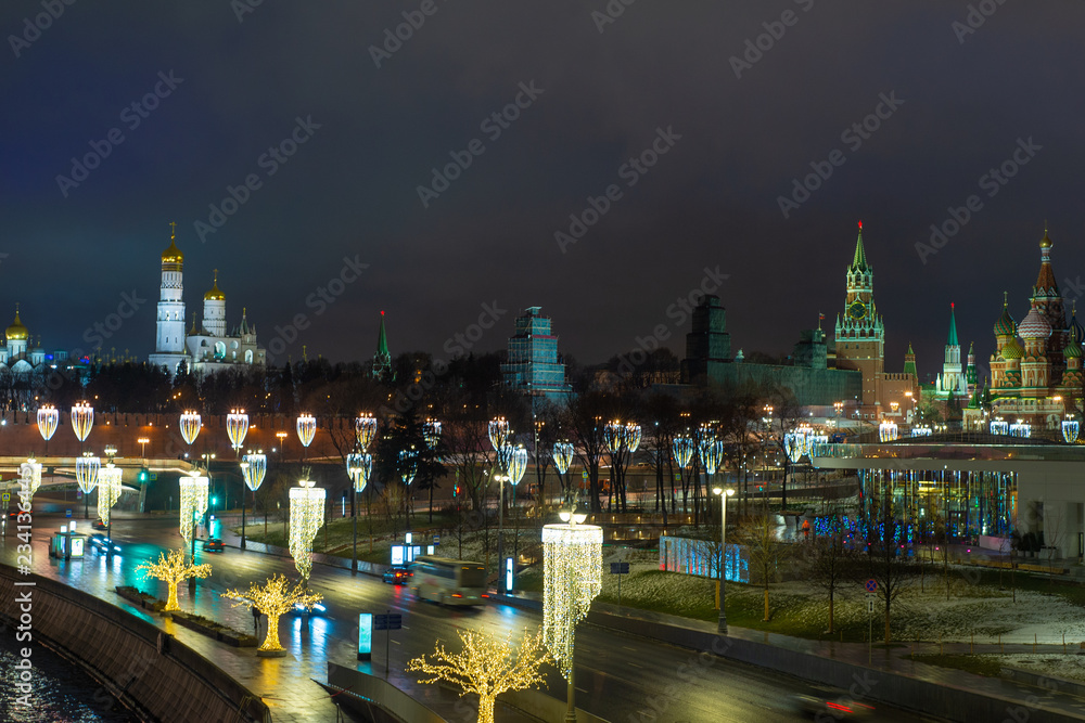 Night view of the Moscow-river, Cathedral of Christ the Saviour and the Big Stone bridge, Moscow, Russia
