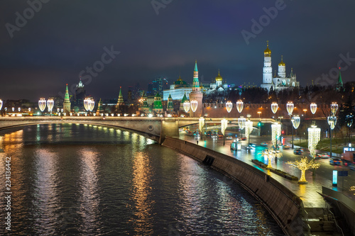 Night view of the Moscow-river, Cathedral of Christ the Saviour and the Big Stone bridge, Moscow, Russia