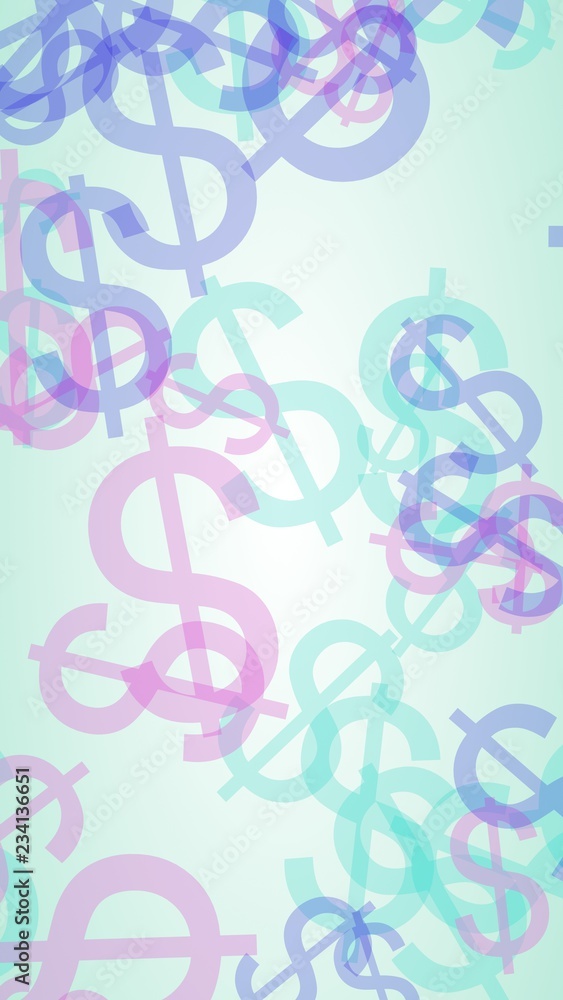 Fototapeta premium Multicolored translucent dollar signs on white background. Vertical image orientation. 3D illustration