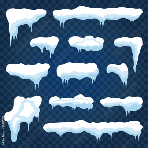 Vector snow caps, snowdrifts and snowflakes with icicles. Winter snowy frames with ice