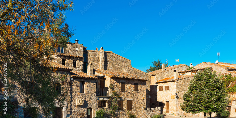 View of the buildings in the village Siurana, Tarragona, Catalunya, Spain. Copy space for text.