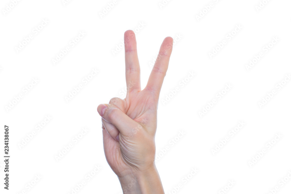 Closeup cropped studio photo of girl's hand make give show two fingers isolated on bright clean clear pure white background copyspace Closeup cropped studio photo of girl's hand make give show two fingers isolated on bright clean clear pure white background copyspace