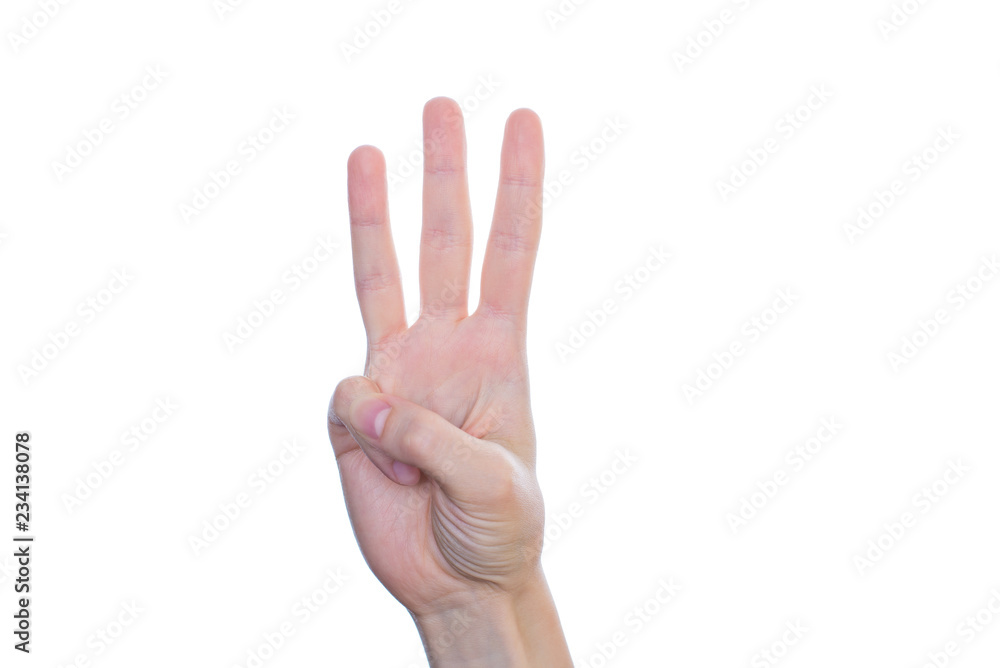 Closeup studio photo of beautiful lady's hand make give three fingers isolated on white background copyspace Closeup studio photo of beautiful lady's hand make give three fingers isolated on white background copyspace