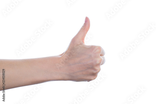 Okay approve accept fine super first validation positive happy concept. Side profile close up view photo of thumb-up isolated on white background copy space