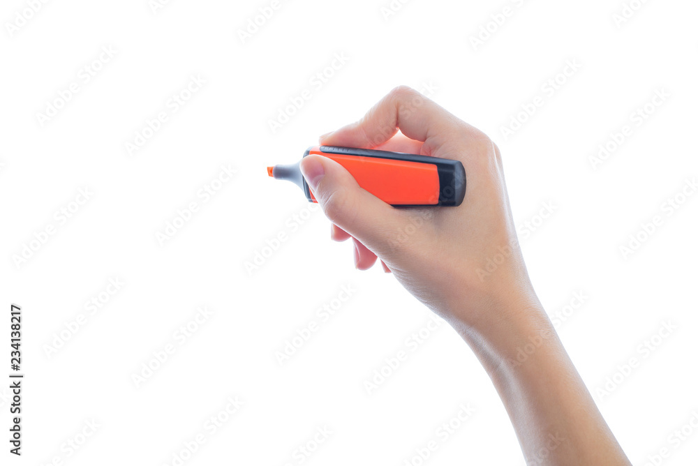 Side profile close up closeup photo of picture image on vivid marker in teenager's hand isolated white background Side profile close up closeup photo of picture image on vivid marker in teenager's hand isolated white background