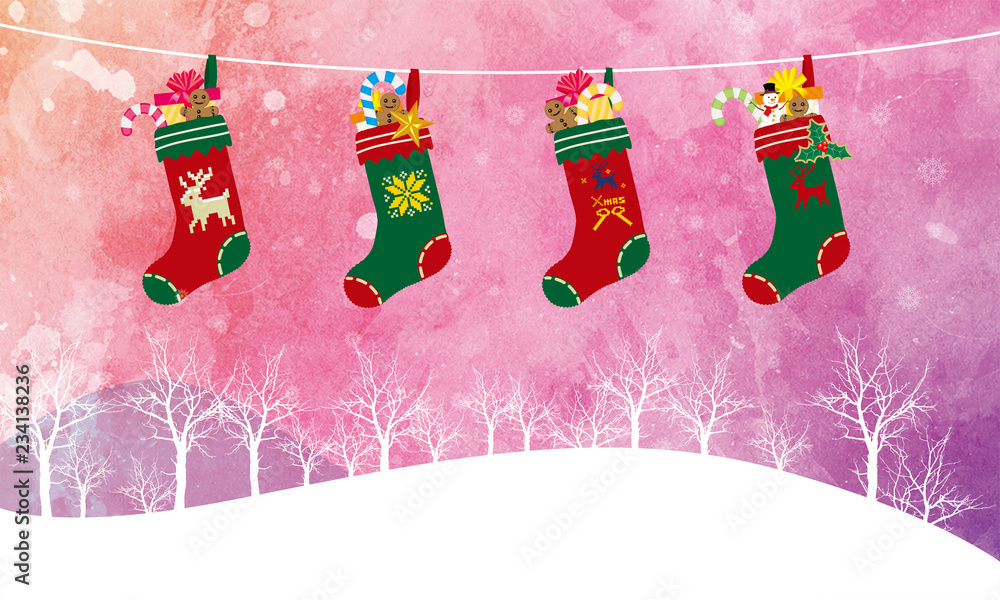 クリスマスのイメージの水彩タッチのイラスト お菓子とプレゼントが入った靴下 Christmas Socks Stock Illustration Adobe Stock