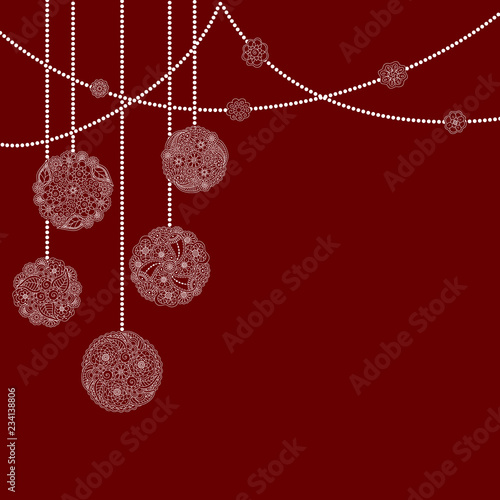 Vector decorative Christmas card with white tree ball from floral doodle elements on red background. Christmas invitation card with garland