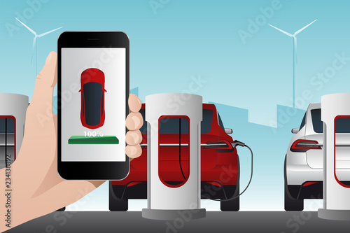 Hand with phone on a background of electric car charging station. On a divice screen indicator of power reserve. Vector illustration
