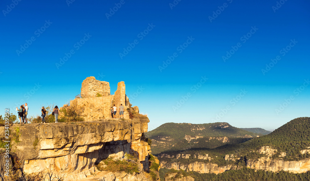 SIURANA, SPAIN - OCTOBER 5, 2017: View of the ruins of the castle of Siuran. Copy space for text.