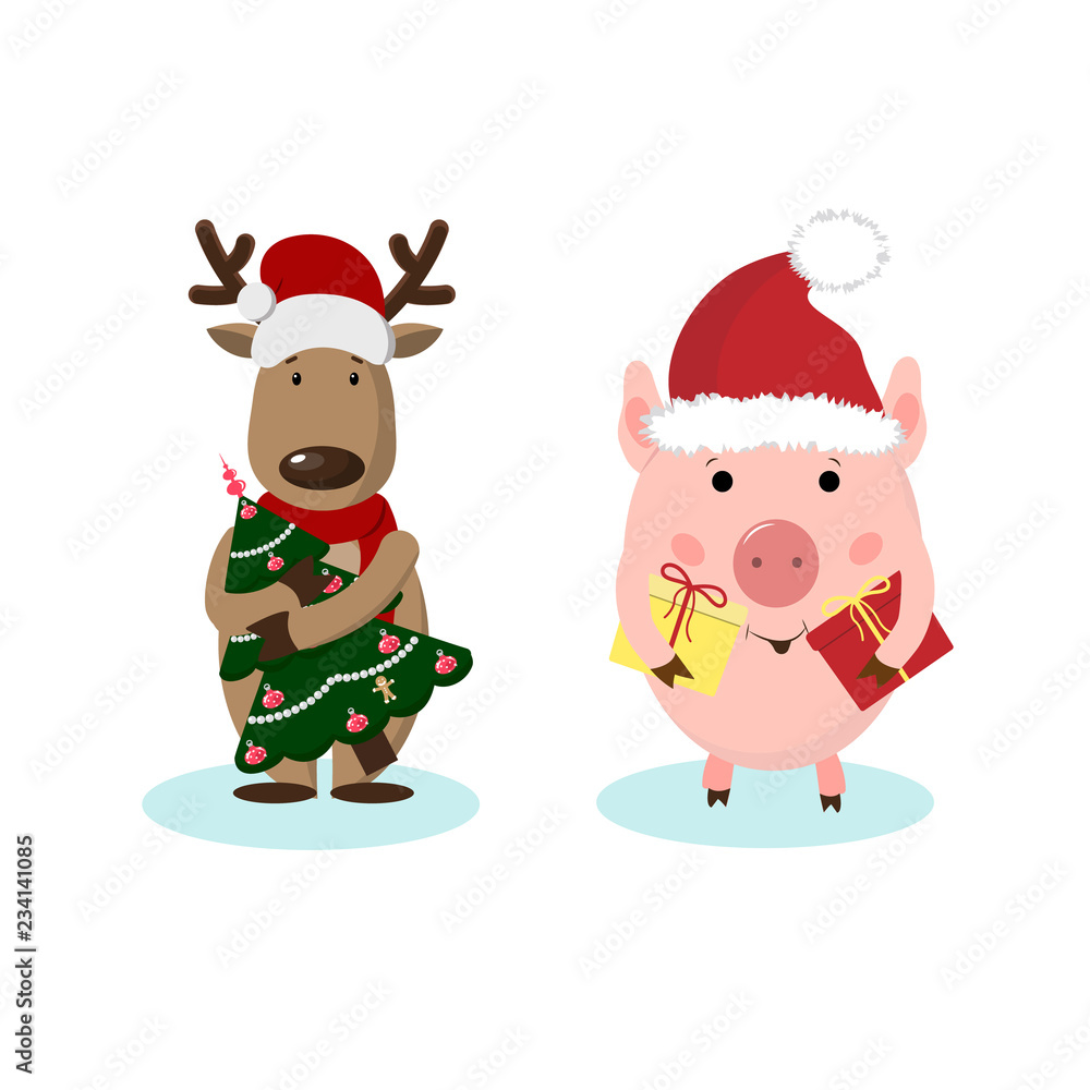 Merry Christmas greeting card with deer, piglet year pig. Cute animal holiday cartoon character Merry Christmas greeting card with deer, piglet year pig. Cute animal holiday cartoon character