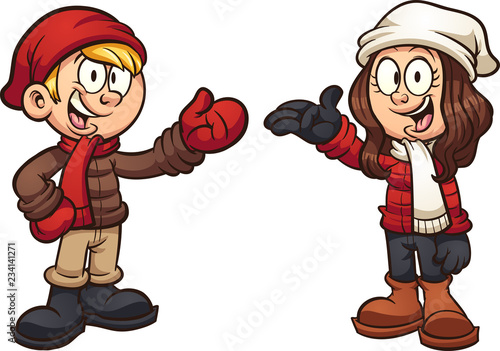 Cartoon kids wearing winter clothes. Vector clip art illustration with simple gradients. Each element on a separate layer.