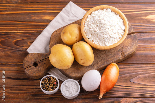 Ingredients for traditional potato pancakes or latke Hanukkah celebration