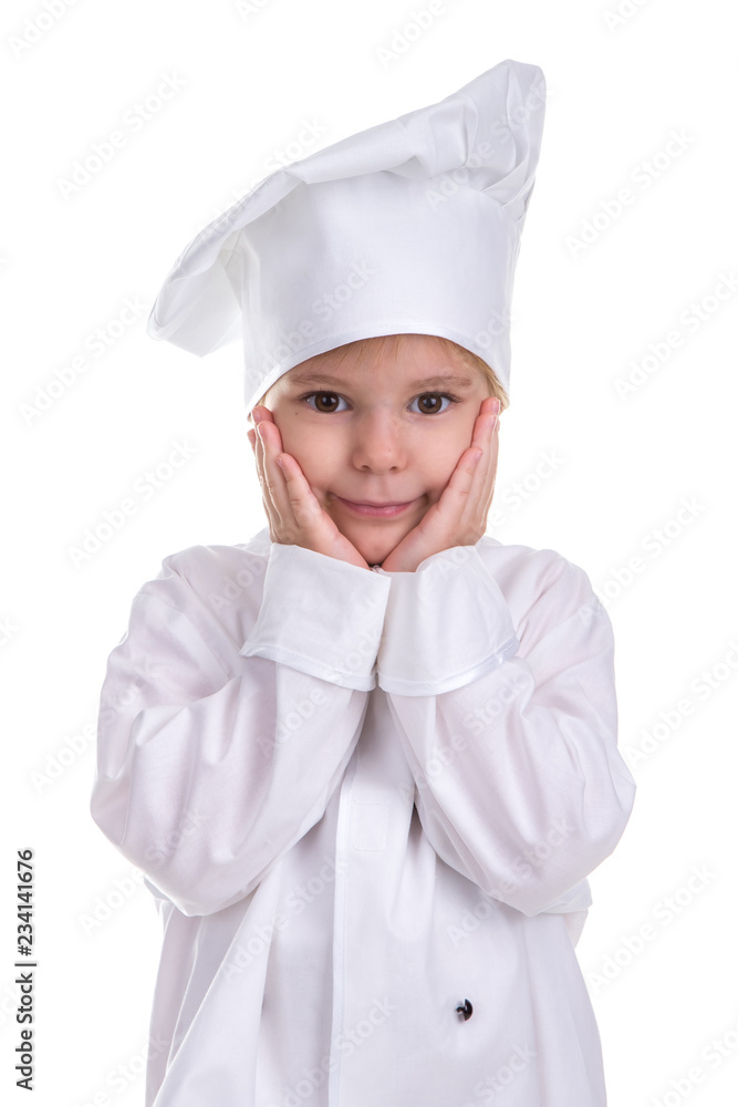 Smiling girl chef white uniform isolated on white background, holding hands under the chin. Portrait image Smiling girl chef white uniform isolated on white background, holding hands under the chin. Portrait image