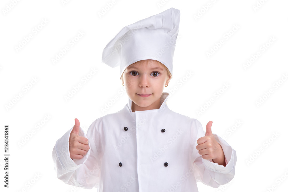 Happy satisfied girl chef white uniform isolated on white background. Showing pointing fingers up. Landscape image Happy satisfied girl chef white uniform isolated on white background. Showing pointing fingers up. Landscape image