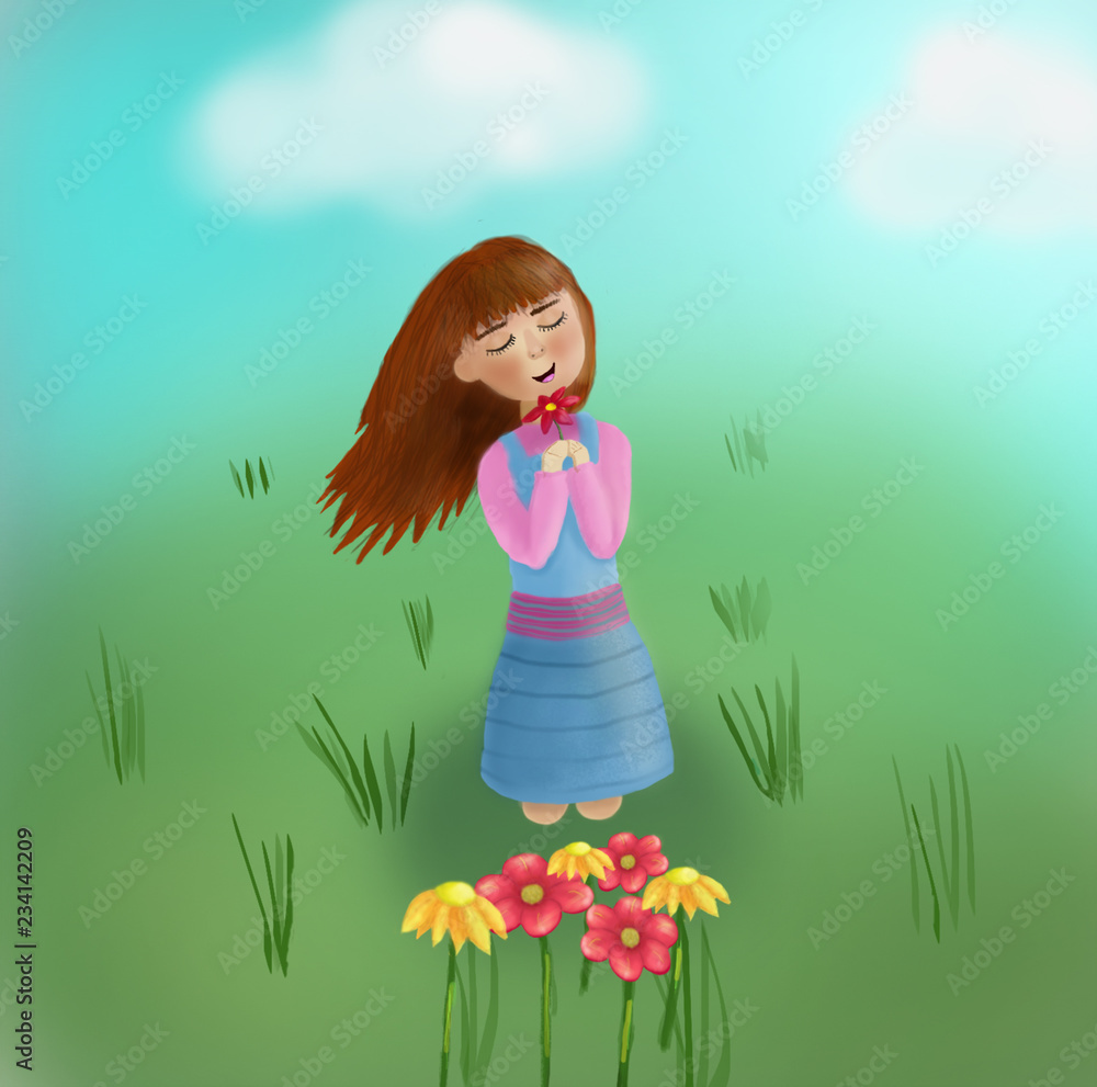 Fototapeta premium Girl smelling flowers