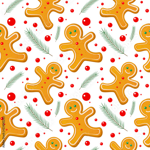 Gingerbread man seamless pattern. Cute vector background for new year s day, Christmas, winter holiday, cooking, new year s eve, food. Cute Xmas background.