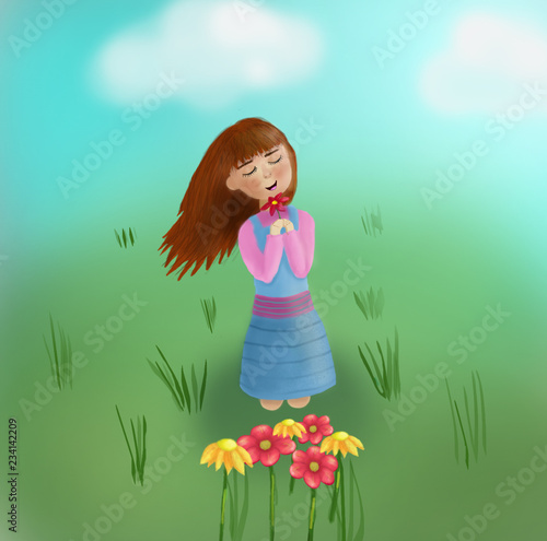 Quadro su tela Girl smelling flowers