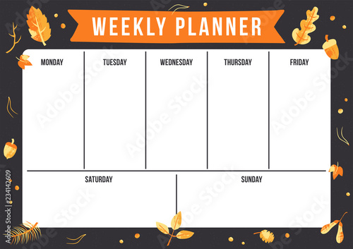 Autumn weekly planner with leaf, acorn and oak. Hand draw stamp vector illustration. Template for print, school and office.
