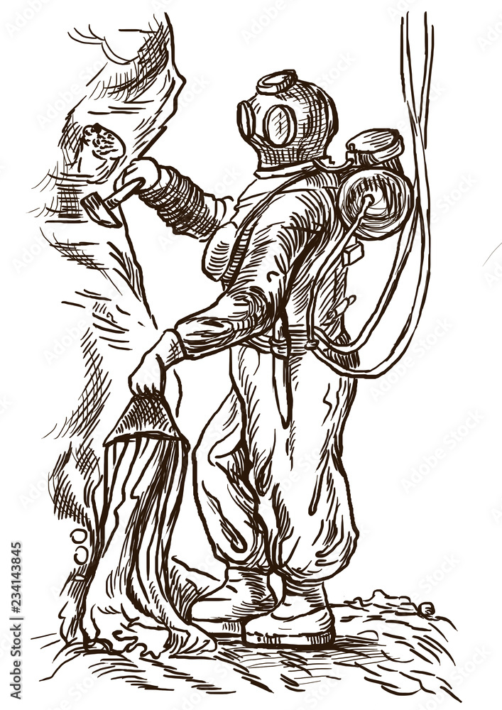 Fototapeta premium diver - an hand drawn illustration in vintaage style