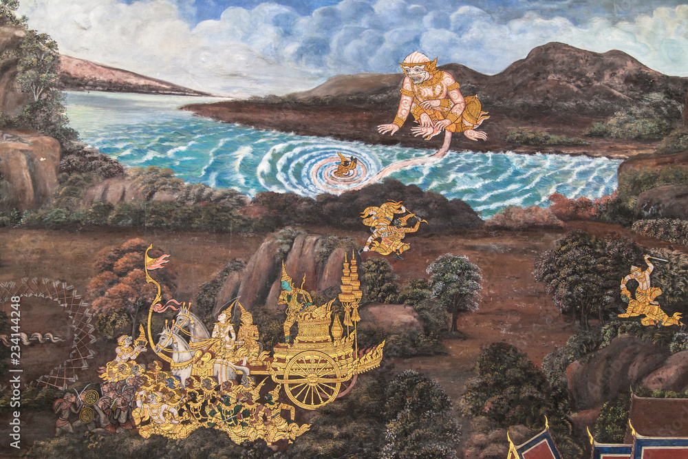 Obraz premium Chariot and Giant Monkey from the Ramakien Murals