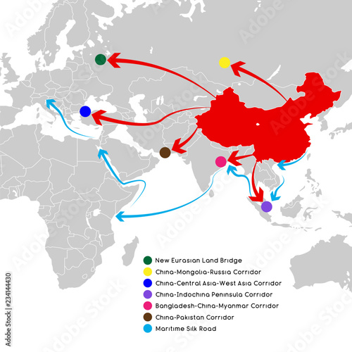  One Belt One Road new Silk Road concept. 21st-century connectivity and cooperation between Eurasian countries. Vector illustration.