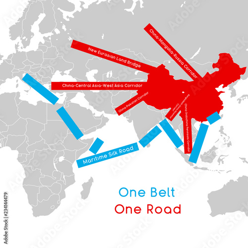  One Belt One Road new Silk Road concept. 21st-century connectivity and cooperation between Eurasian countries. Vector illustration