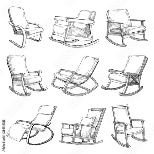 Set with rocking chairs isolated on white background. Sketch a comfortable chair.