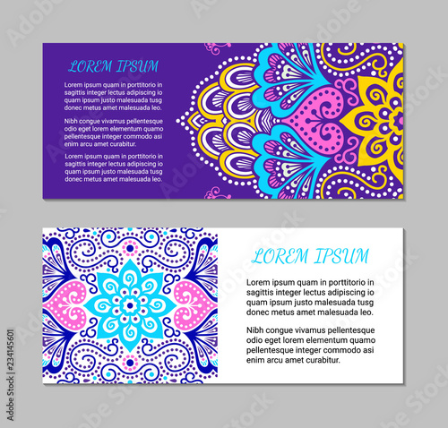 Indian flyer set with bright colorful mehendi style ornament. Ethnic ornamental design. Oriental polygraphy concept. Eastern collection. EPS 10 vector. Clipping masks.