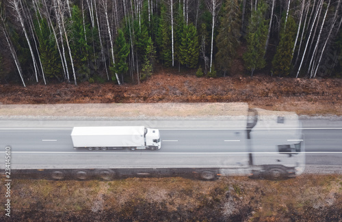 Abstract image of white truck of logisctic company with cargo and its big  silhouette is driving on the asphalt road in rural landscape between wide roadside verge and  forest in autumn landsca
