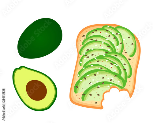 Avocado toast. Sliced avocado on toast bread with spices. Delicious avocado sandwich with sesame seeds, seasoning and dill. Vector illustration.