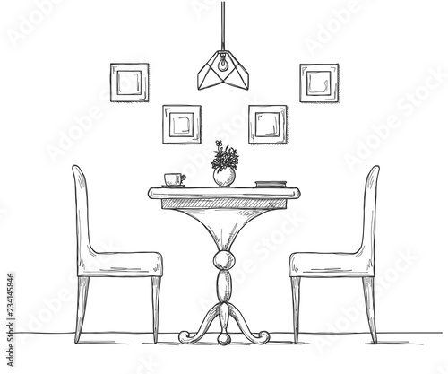 Part of the dining room. Round table and chairs. On the table vase of flowers. Hand drawn sketch.Vector illustration
