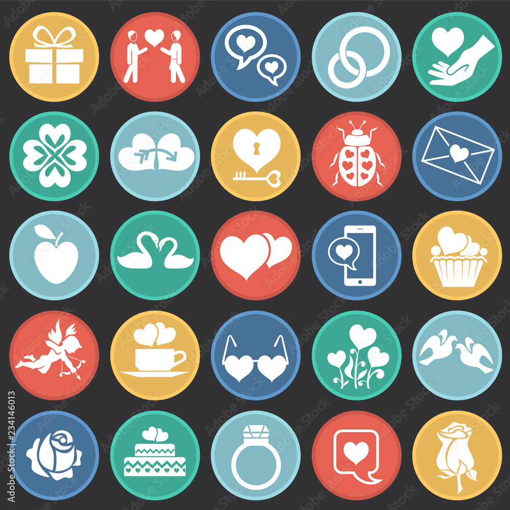 Valentines day set on color circles black background icons Valentines day set on color circles black background icons