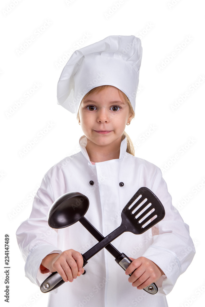 Smiling girl chef white uniform isolated on white background. Holding black ladle and scapula crossed. Portrait image Smiling girl chef white uniform isolated on white background. Holding black ladle and scapula crossed. Portrait image