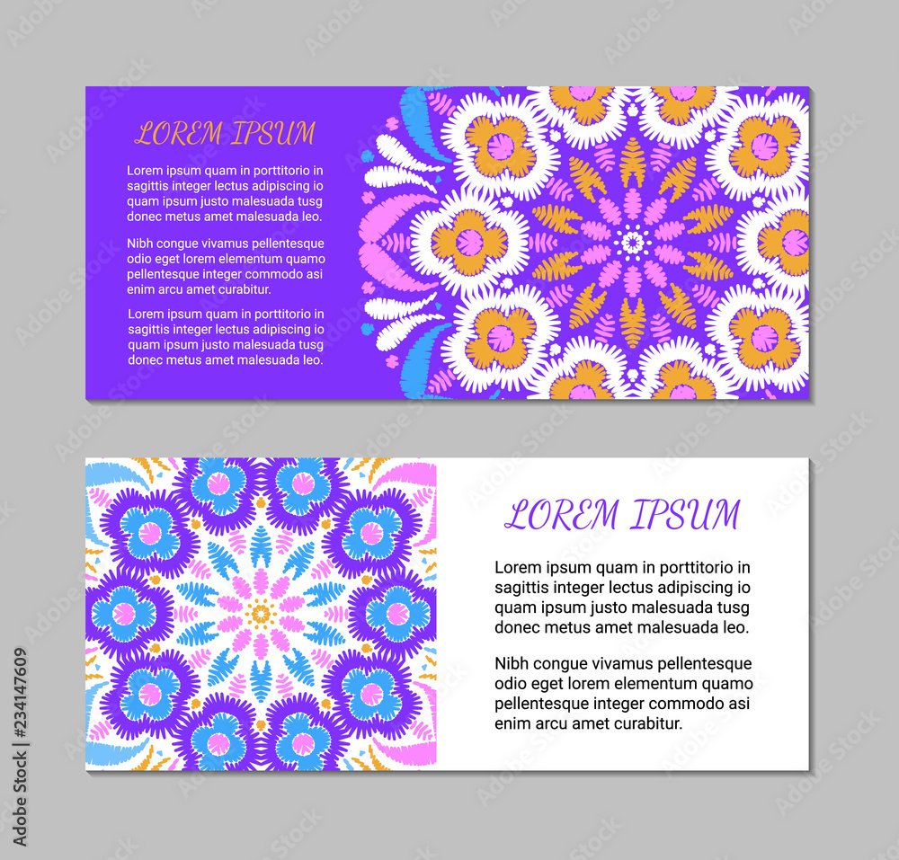 Embroidery style colorful mandala horizontal cards. Bright floral ornamental vintage blanks. EPS 10 ethnic design vector backgrounds. Clipping masks.