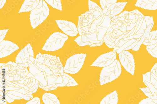 Peonies rose line sketch drawing floral seamless pattern. White on bright yellow orange background. Flowers leaves bouquet garland bloom blossom. Vector design illustration.