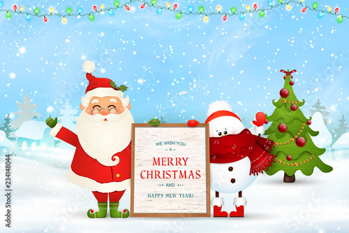 Merry Christmas. Happy new year. Funny Santa Claus with snowman holds wooden message board in Christmas snow scene winter landscape with falling snow, garlands. Happy Santa Claus cartoon character.