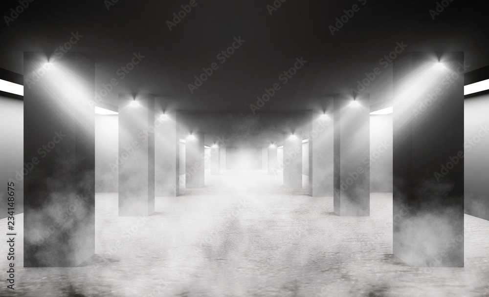 Background of empty parking at night, concrete floor, piles. Neon light, smoke, smog, reflection. Lantern light, geometric lines Background of empty parking at night, concrete floor, piles. Neon light, smoke, smog, reflection. Lantern light, geometric lines