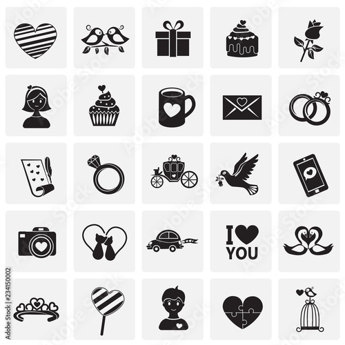 Valentines day flat set on squares background icons