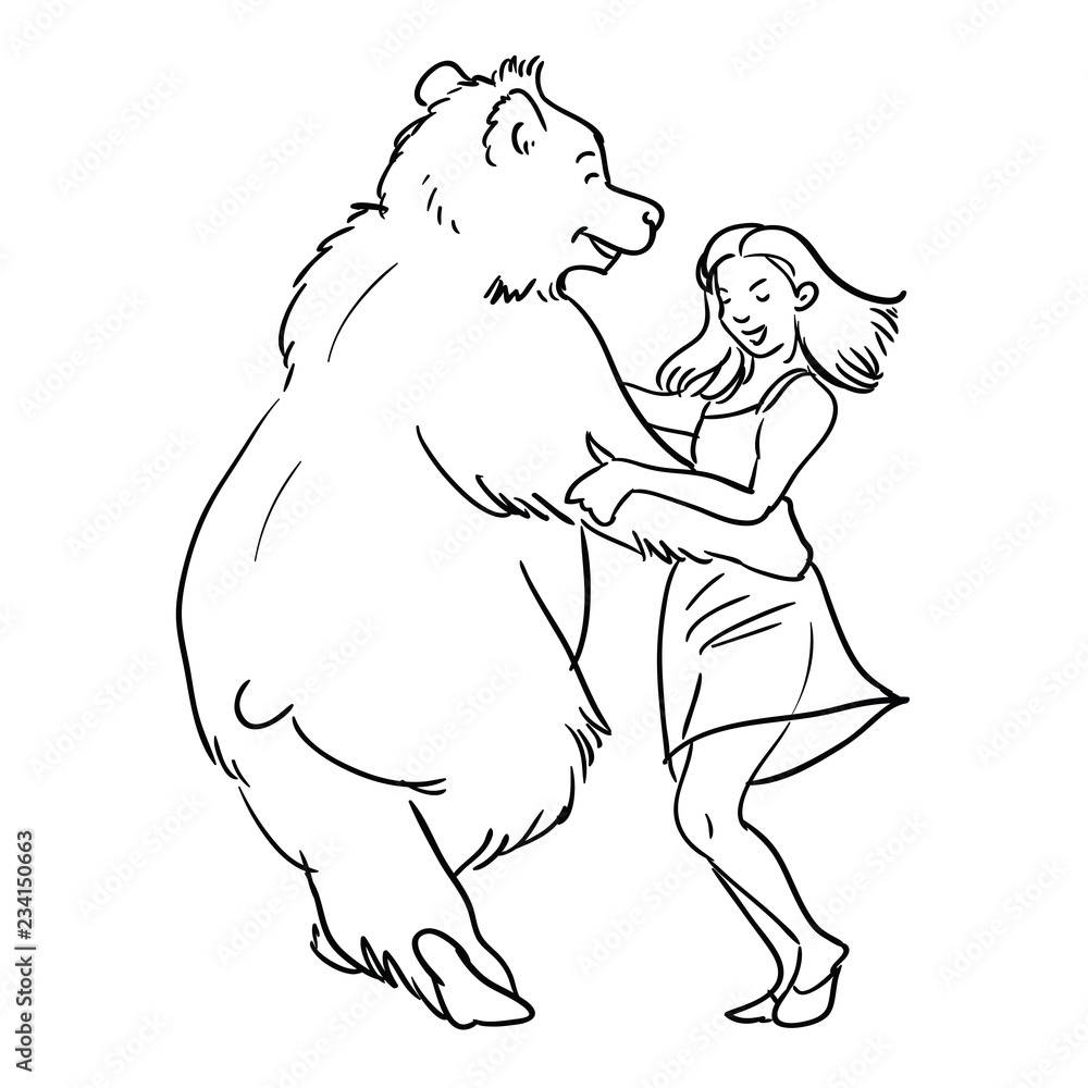 Fototapeta premium Pretty girl dancing with a smiling bear.