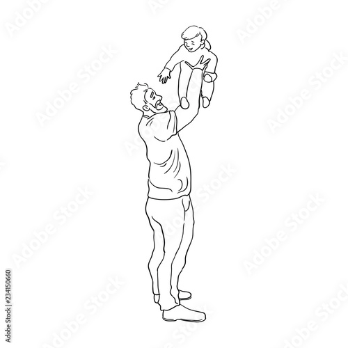 Father is playing with his baby boy. Family time vector illustration  concept of happy parenting and childhood. Line art style