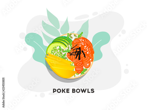 Hawaiian salmon poke bowl with seaweed, avocado rose, sesame seeds and mango.
