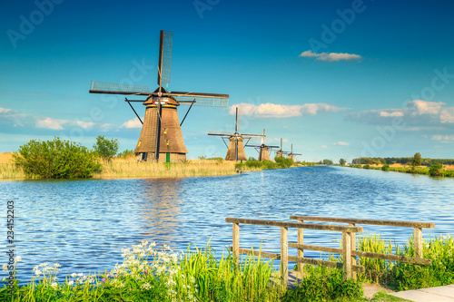 Fantastic wooden windmills in Kinderdijk museum, Netherlands, Europe