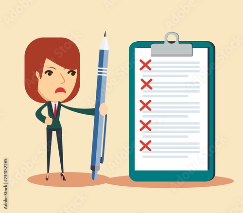 Sad business woman holding a pen looking at checklist on clipboard. Stock flat vector illustration.