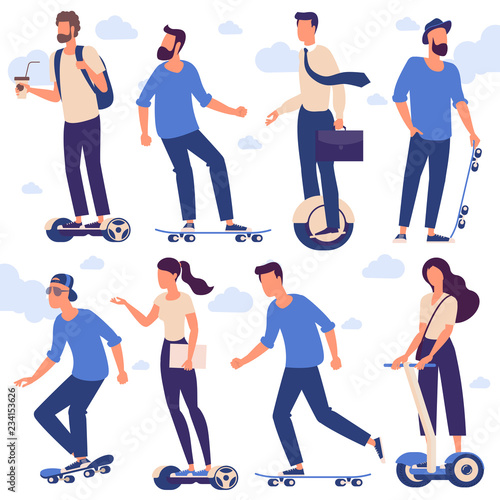 men and women with hoverboards and skates