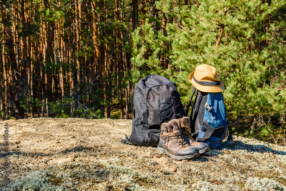 Two backpacks, touristic boots and hat on a ground in a coniferous forest Two backpacks, touristic boots and hat on a ground in a coniferous forest