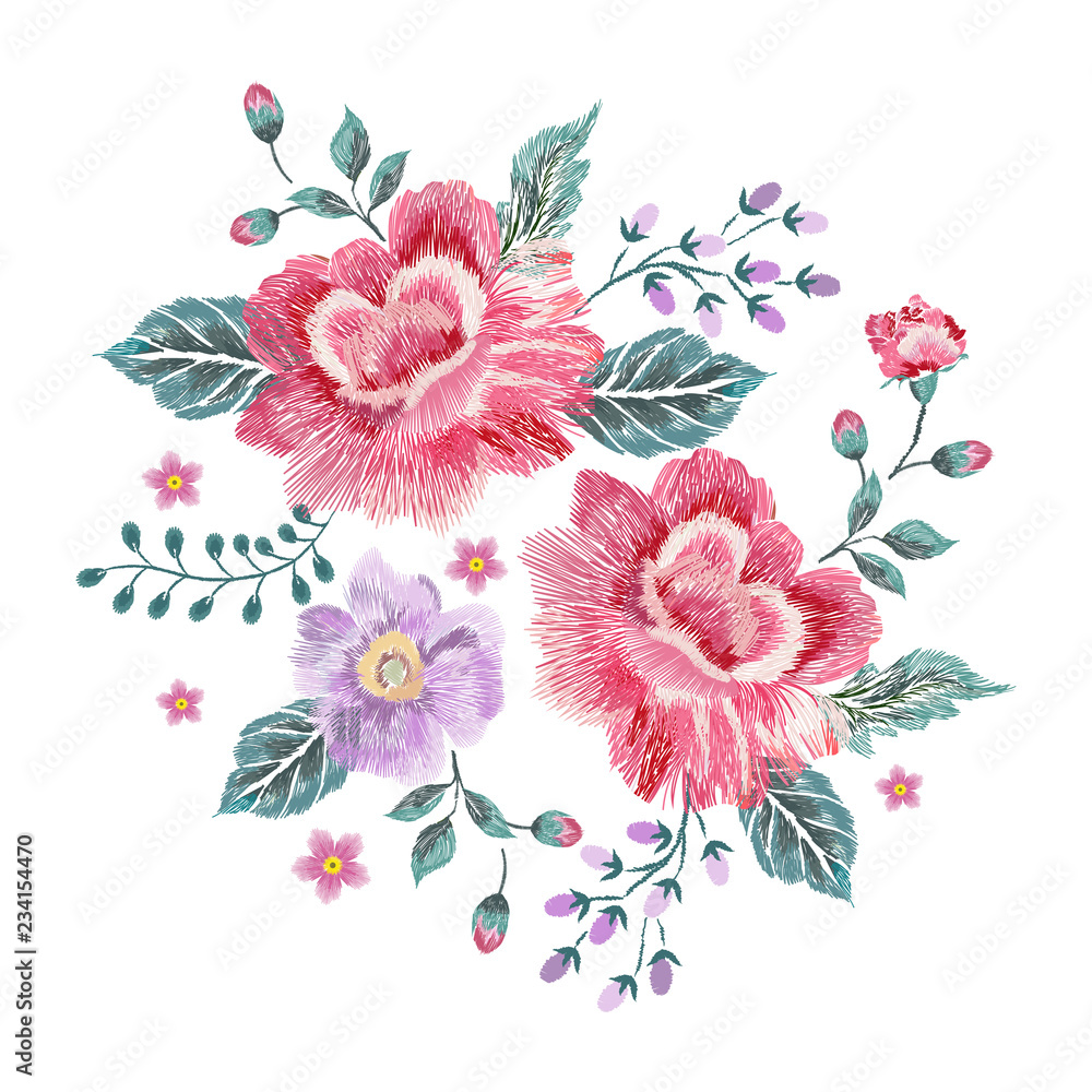 Naklejka premium Embroidery floral native pattern with roses. Vector embroidered patch with flowers for wearing design.