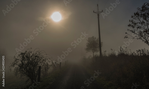 Road from Stary Hrozenkov to Zitkova in fog morning